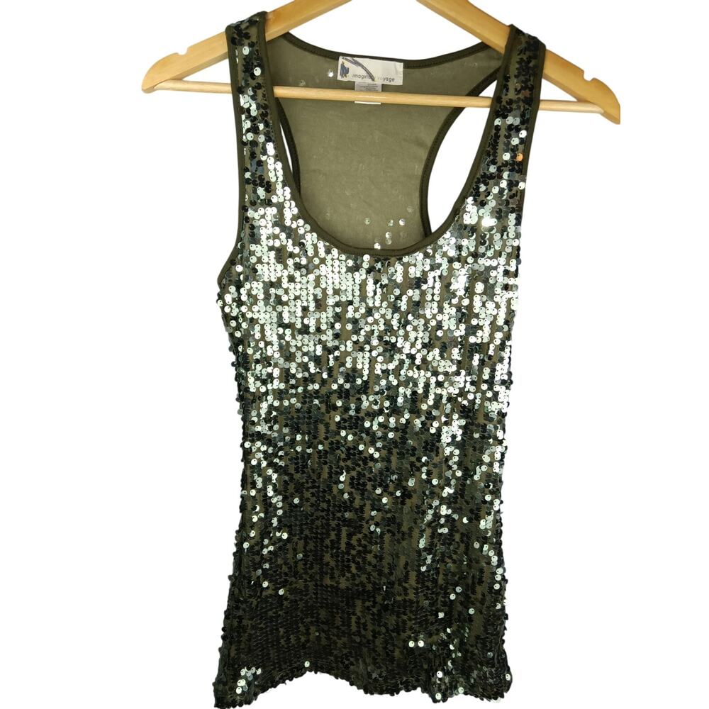 imaginary voyage Olive Green Sequin Tank Top